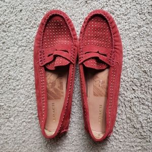 Coach Nixie Red Calfskin Suede Stud Loafers Size-8.5